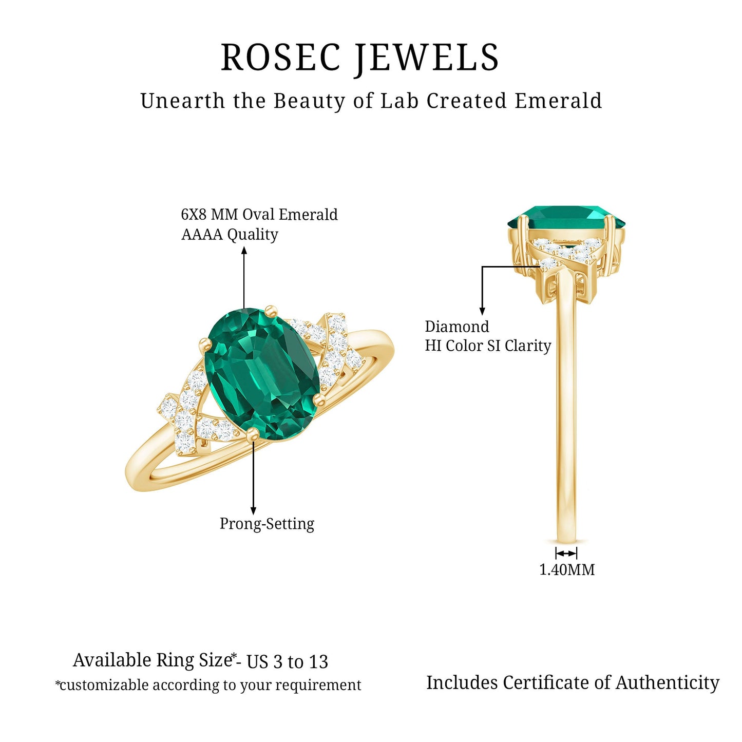 Certified 1.2 Carat Lab Grown Emerald Oval Engagement Ring with Diamond