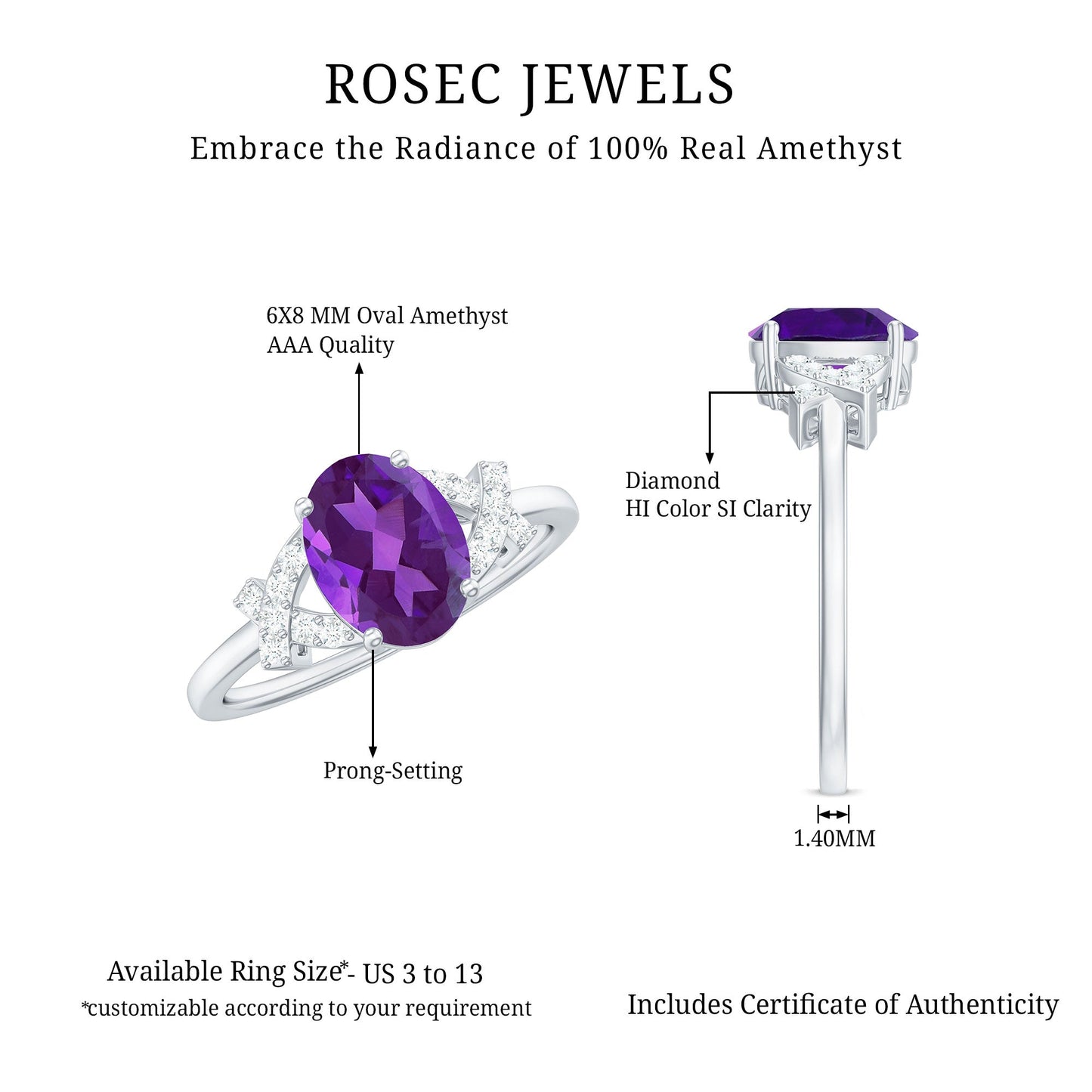 Real 1 Carat Amethyst Oval Engagement Ring with Diamond Split Shank