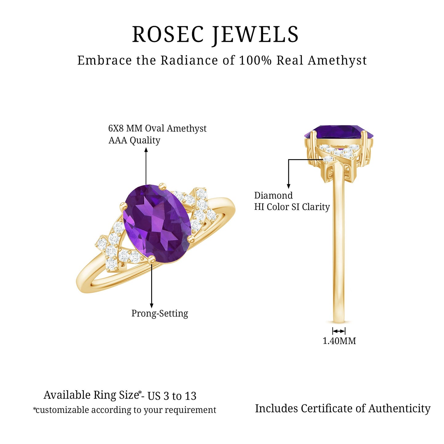 Real 1 Carat Amethyst Oval Engagement Ring with Diamond Split Shank