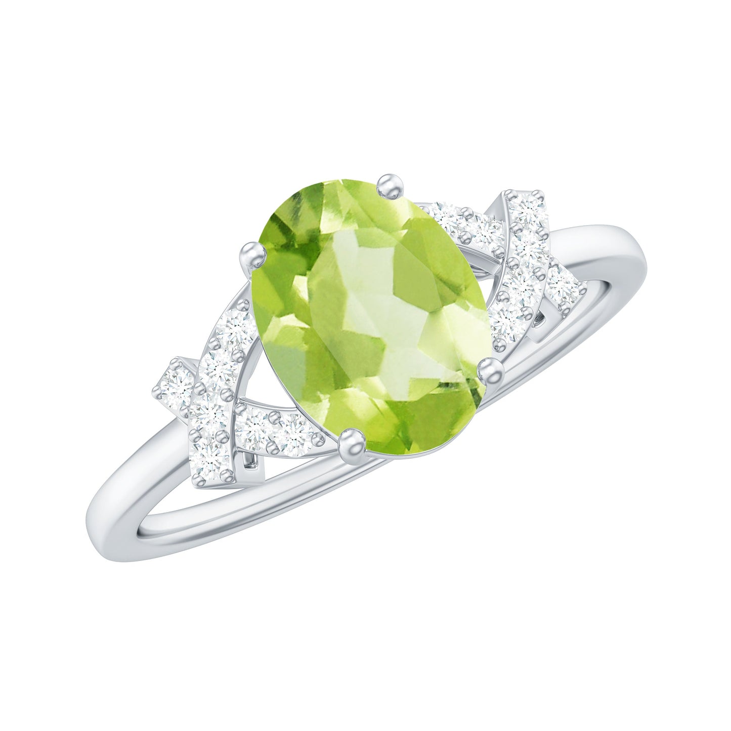 Real 1 Carat Peridot Oval Engagement Ring with Diamond Split Shank
