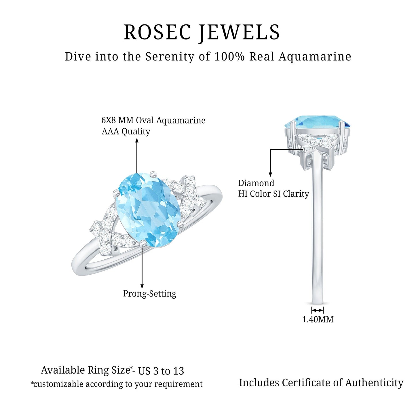 Oval Shape 1 Carat Aquamarine Solitaire Engagement Ring with Diamond Split Shank