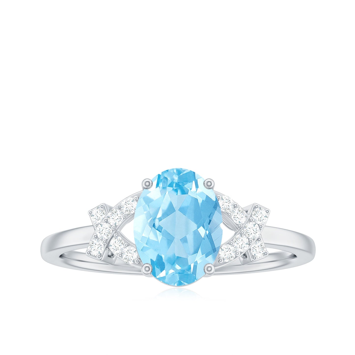 Oval Shape 1 Carat Aquamarine Solitaire Engagement Ring with Diamond Split Shank