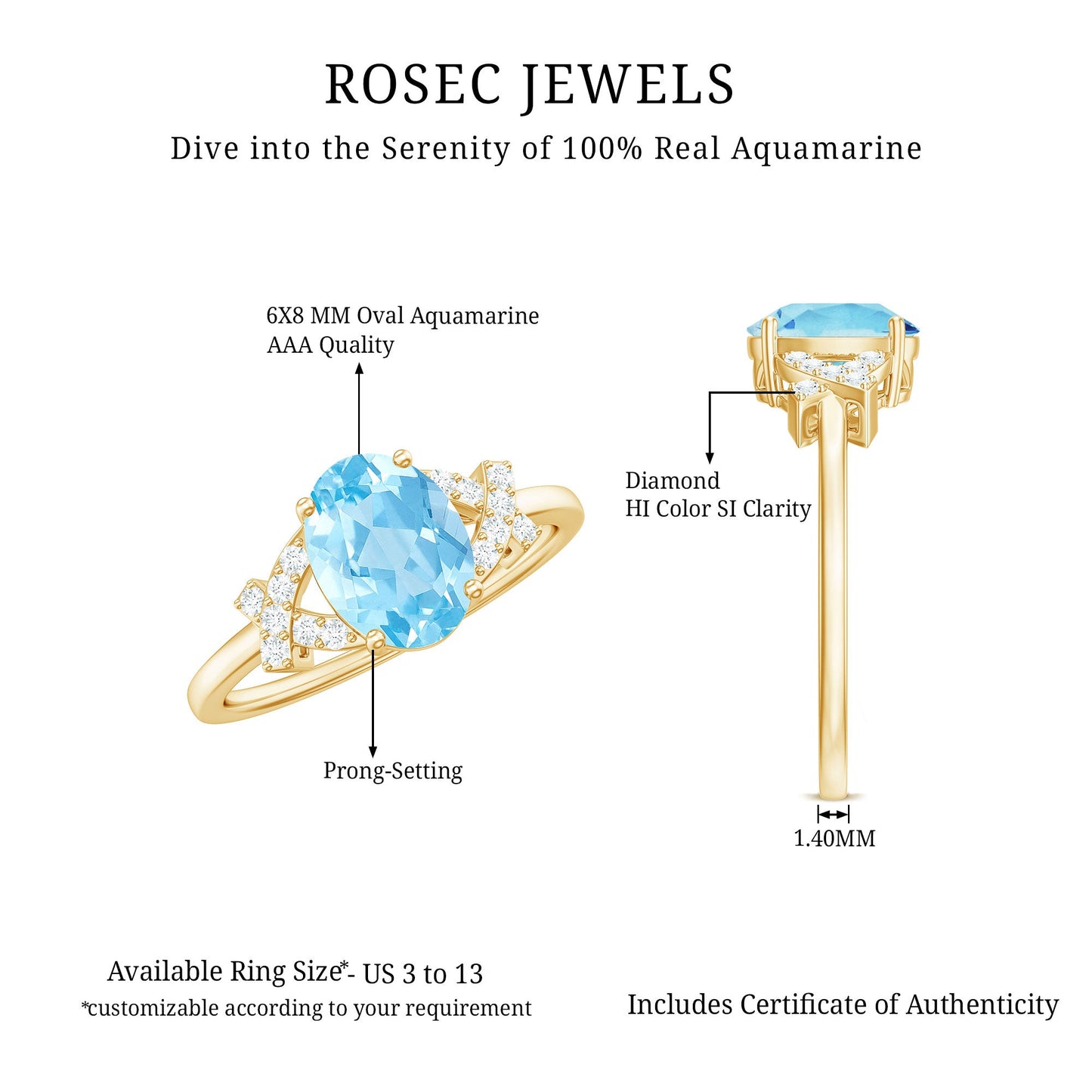 Oval Shape 1 Carat Aquamarine Solitaire Engagement Ring with Diamond Split Shank