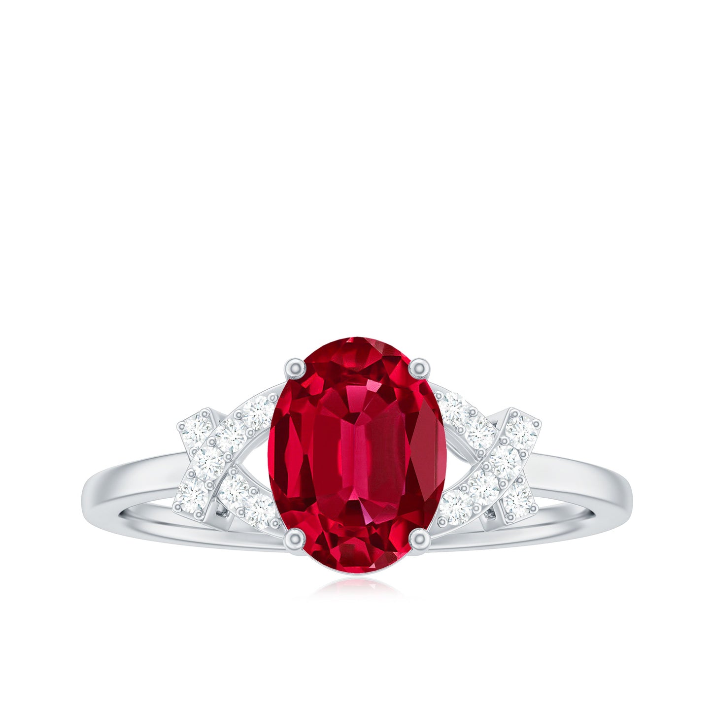 Certified 1.5 Carat Lab Grown Ruby Oval Engagement Ring with Diamond Split Shank