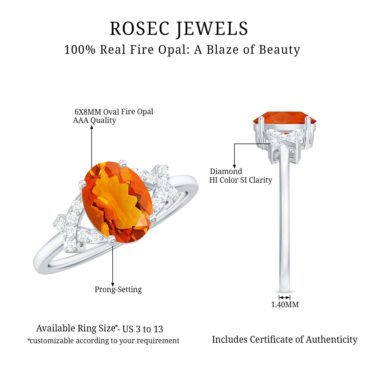 1 Carat Oval Fire Opal and Diamond Engagement Ring with Split Shank
