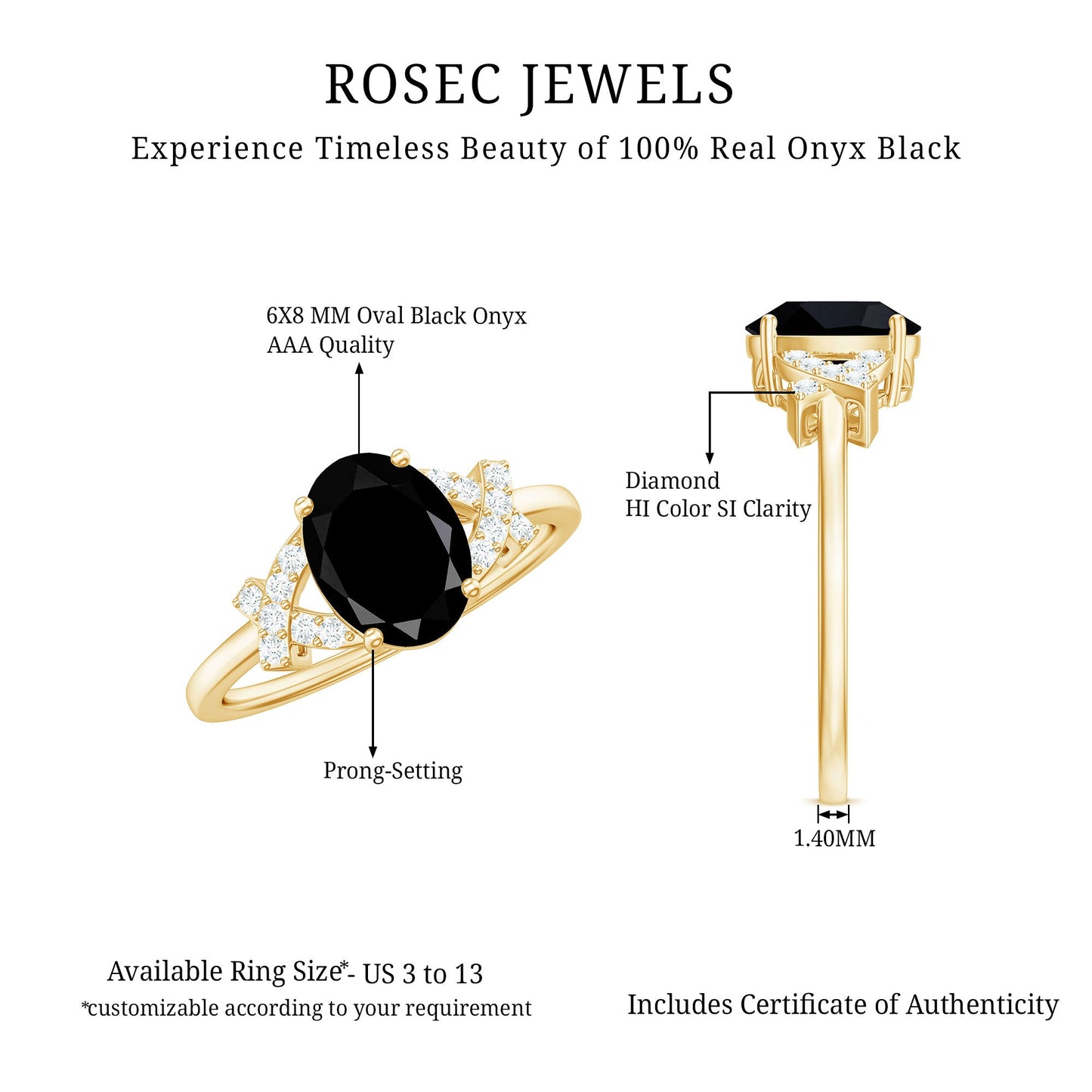 Solitaire Black Onyx Oval Engagement Ring in Split Shank