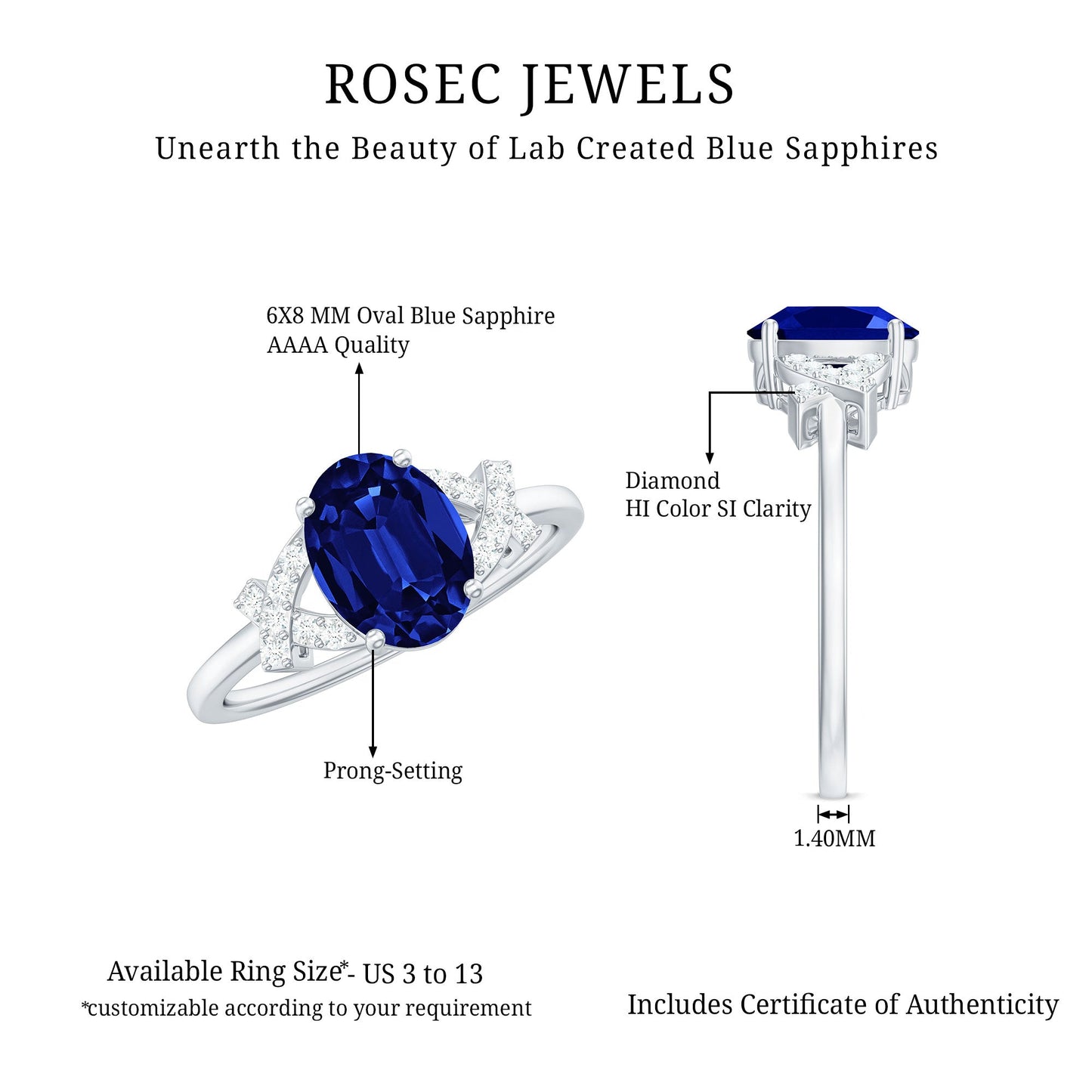 Split Shank Oval Created Blue Sapphire and Diamond Solitaire Engagement Ring