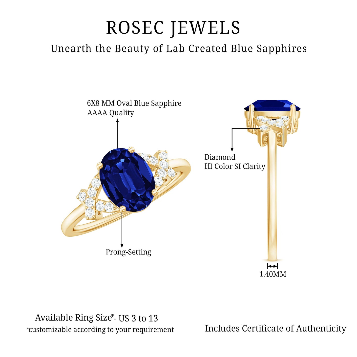 Split Shank Oval Created Blue Sapphire and Diamond Solitaire Engagement Ring