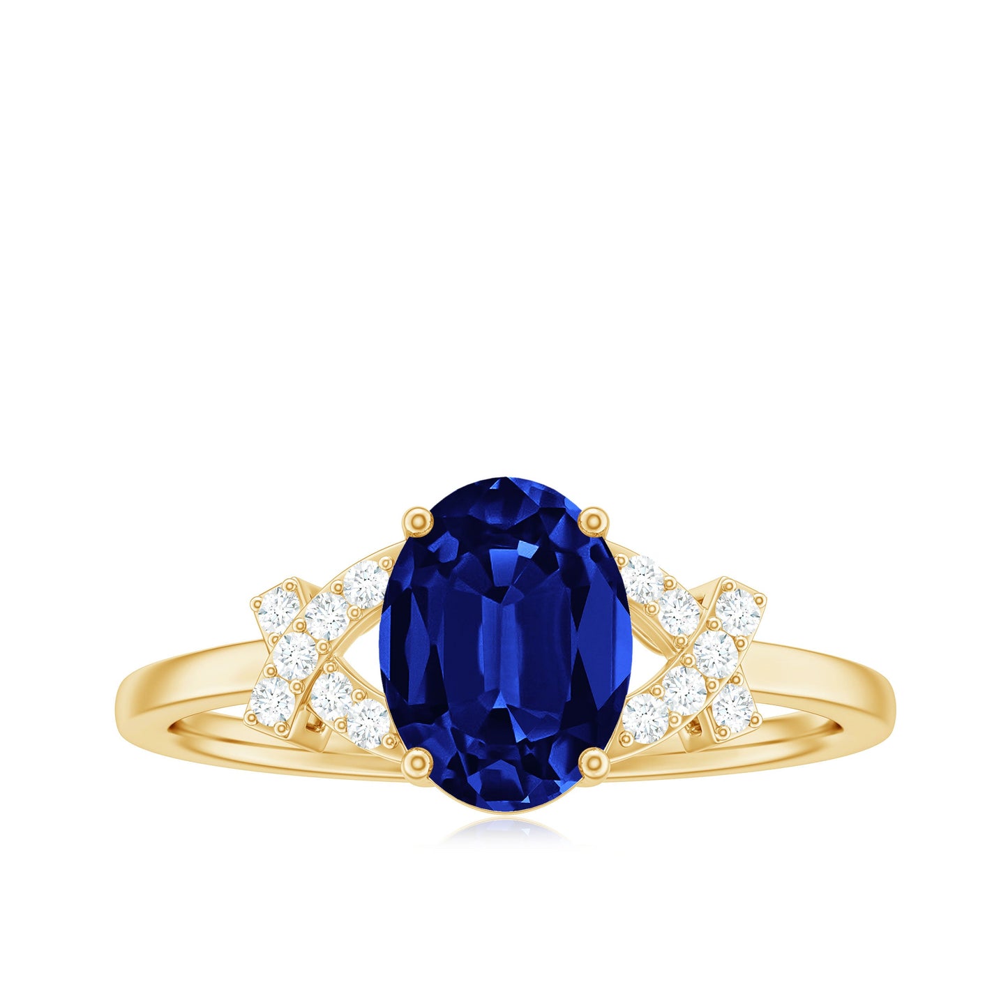 Split Shank Oval Created Blue Sapphire and Diamond Solitaire Engagement Ring