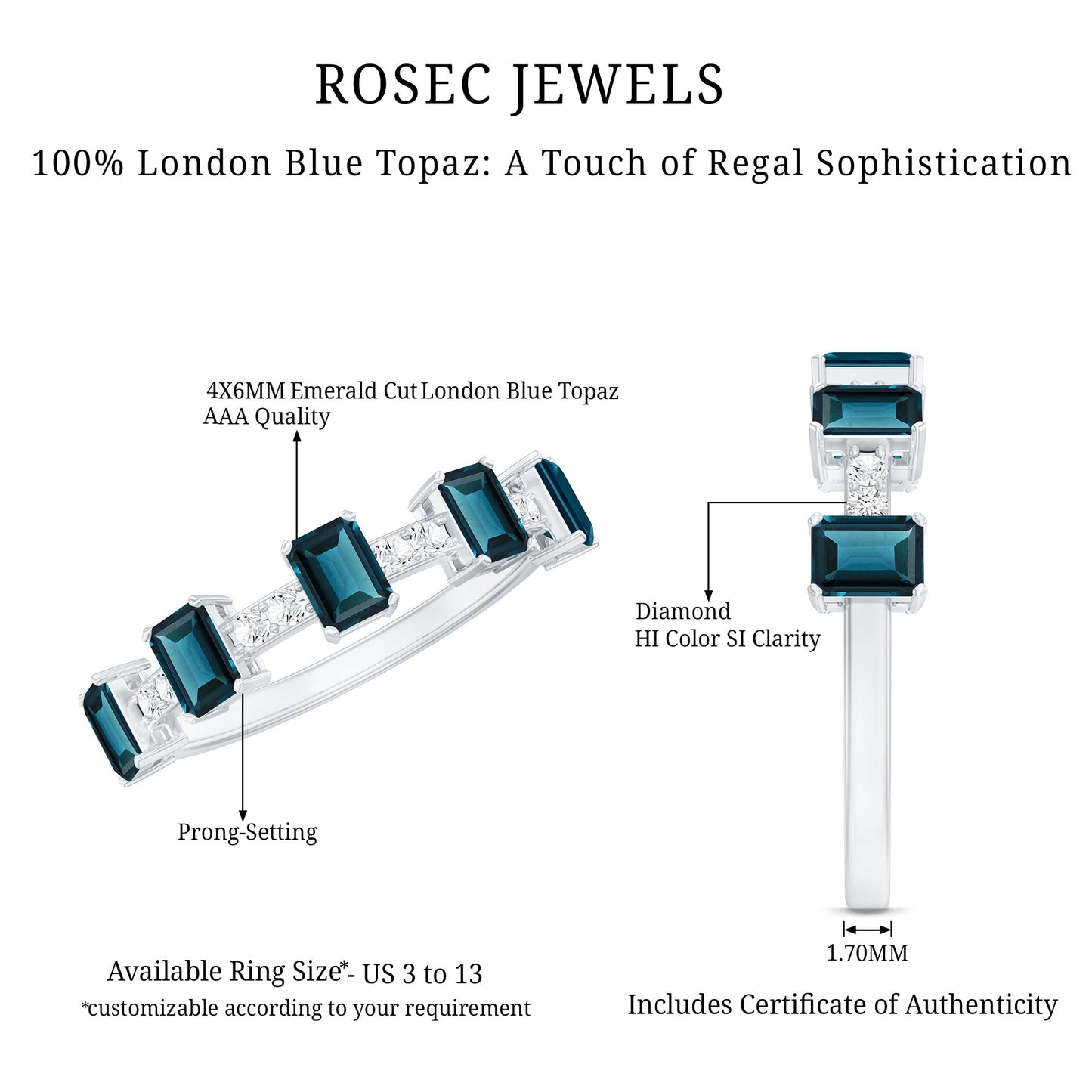 Emerald Cut London Blue Topaz Half Eternity Band with Diamond