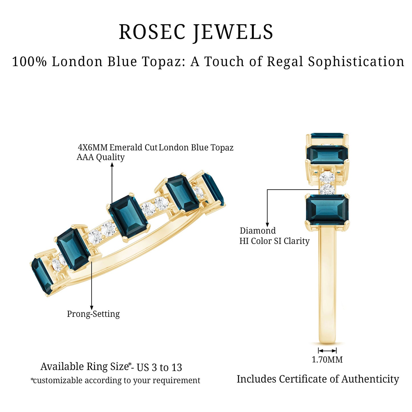 Emerald Cut London Blue Topaz Half Eternity Band with Diamond