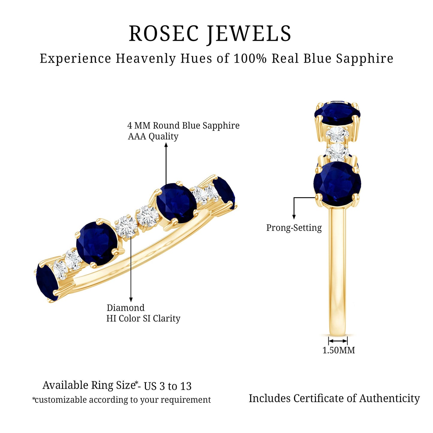 Genuine Blue Sapphire Half Eternity Ring with Diamond