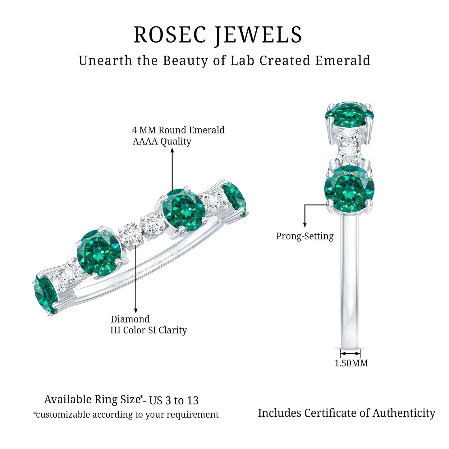 Certified Lab Grown Emerald Diamond Half Eternity Ring in Prong Set