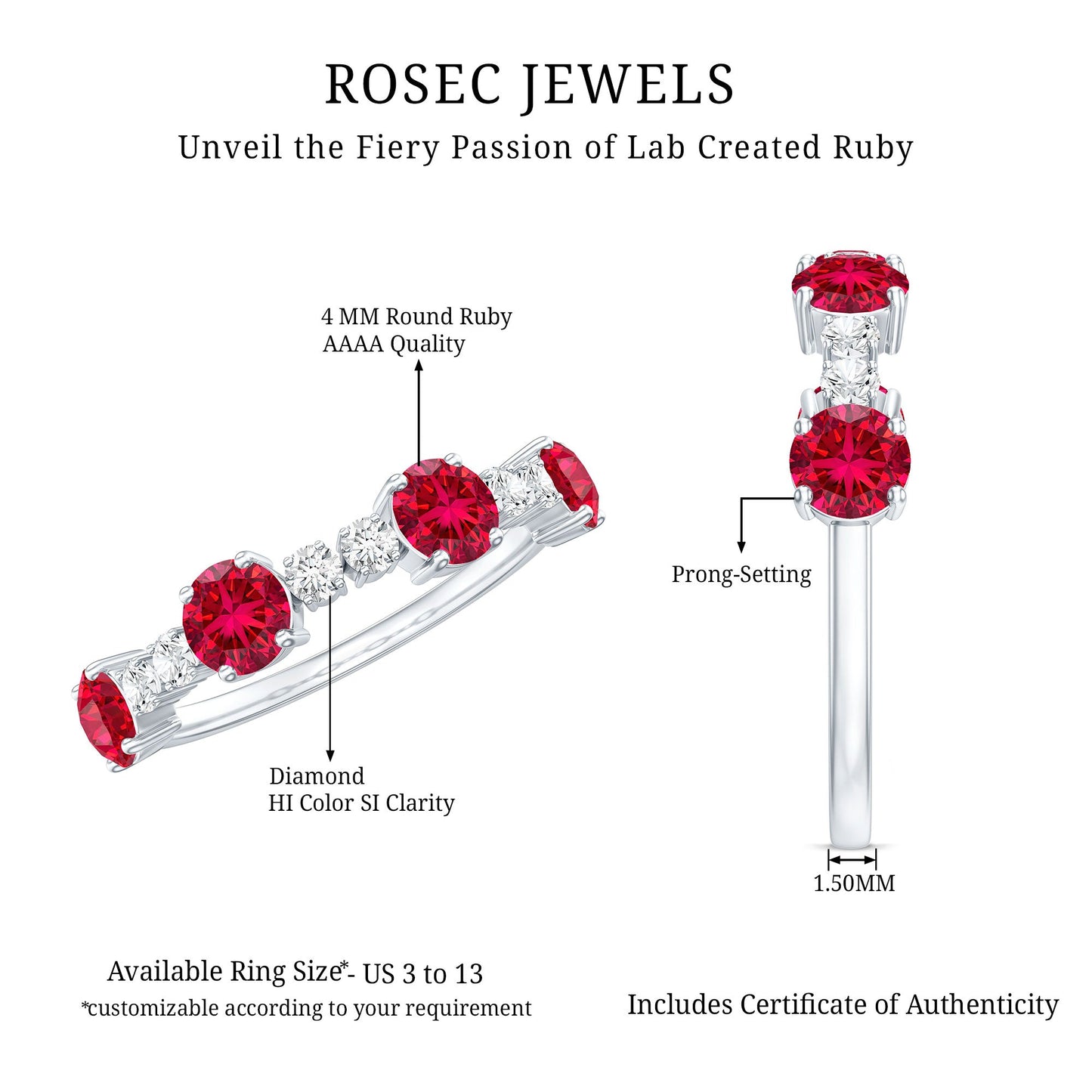 Certified Lab Grown Ruby Half Eternity Ring with Diamond