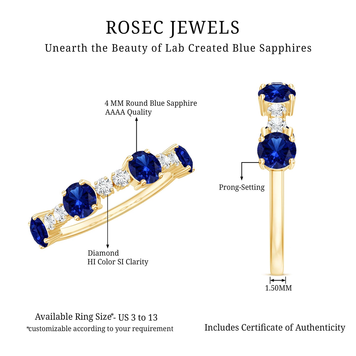 Certified Lab Grown Blue Sapphire Half Eternity Anniversary Ring with Diamond
