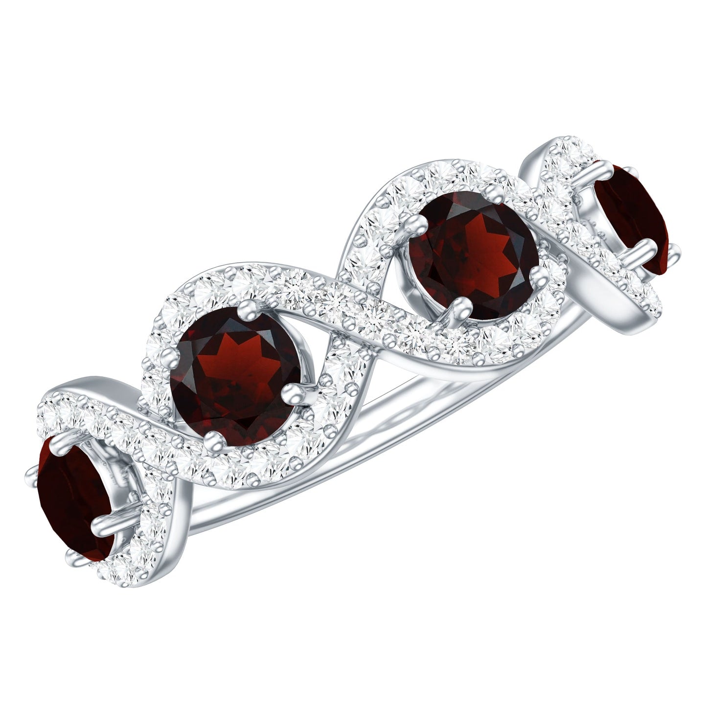 Natural Garnet Diamond Infinity Eternity Ring with Braided Shank