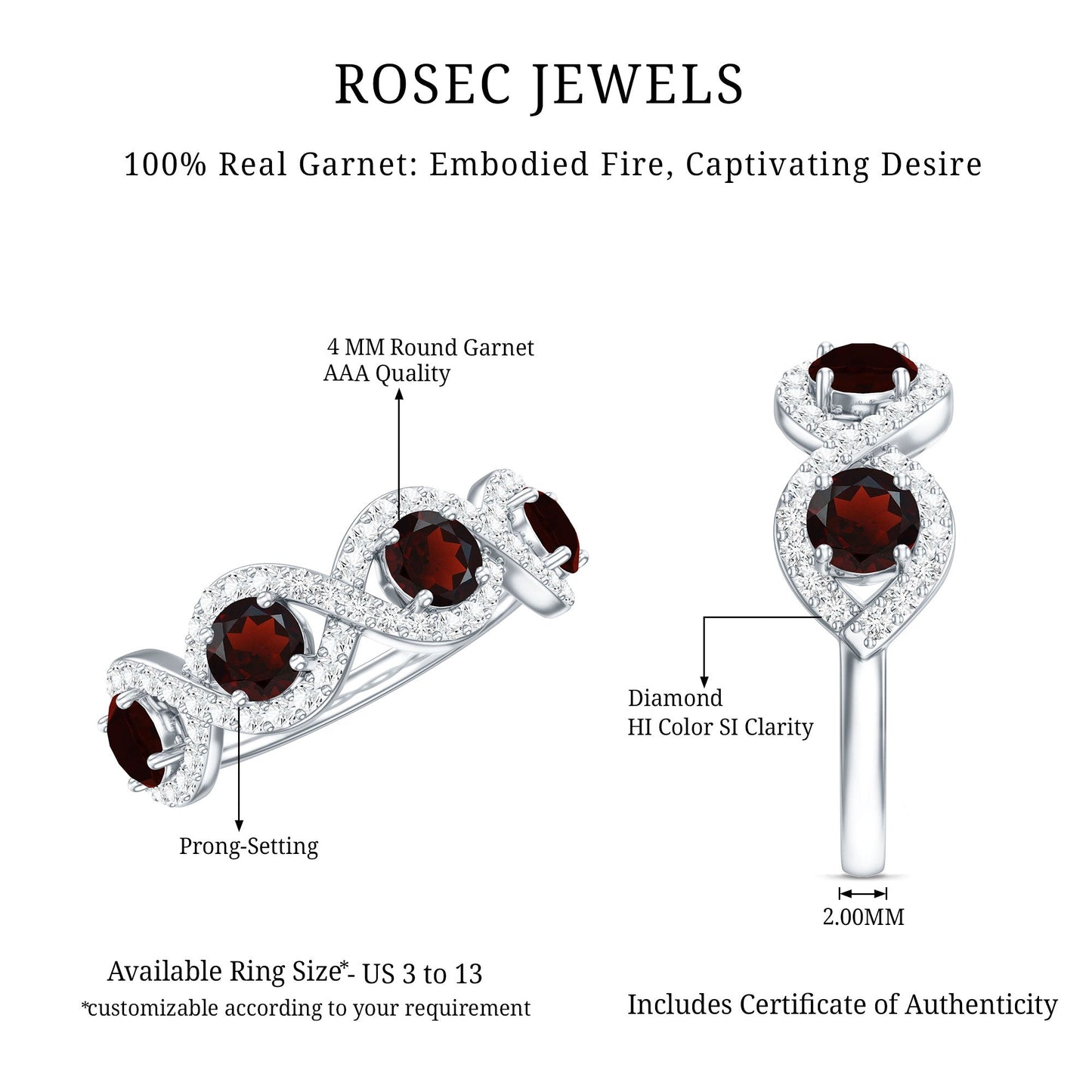 Natural Garnet Diamond Infinity Eternity Ring with Braided Shank