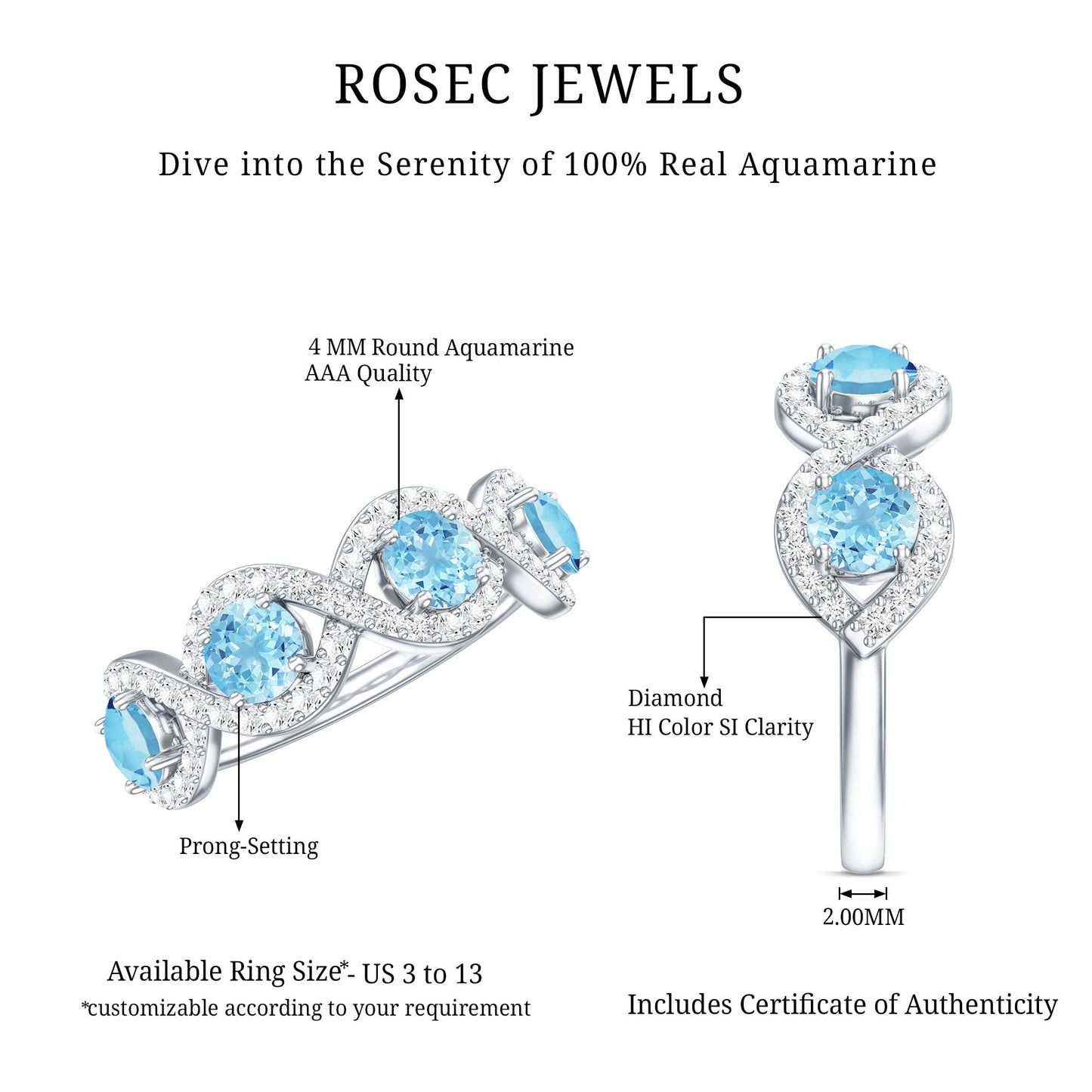 Braided Half Eternity Ring with Genuine Aquamarine and Diamond