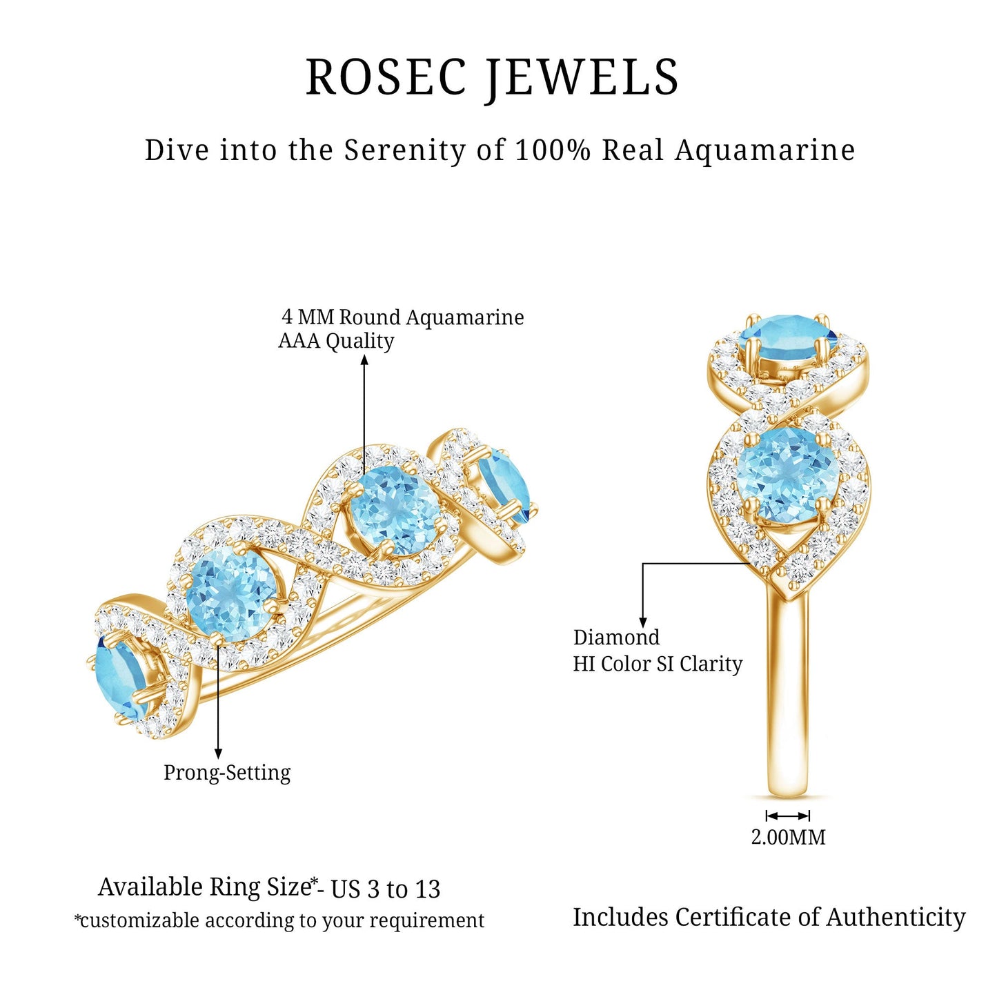 Braided Half Eternity Ring with Genuine Aquamarine and Diamond