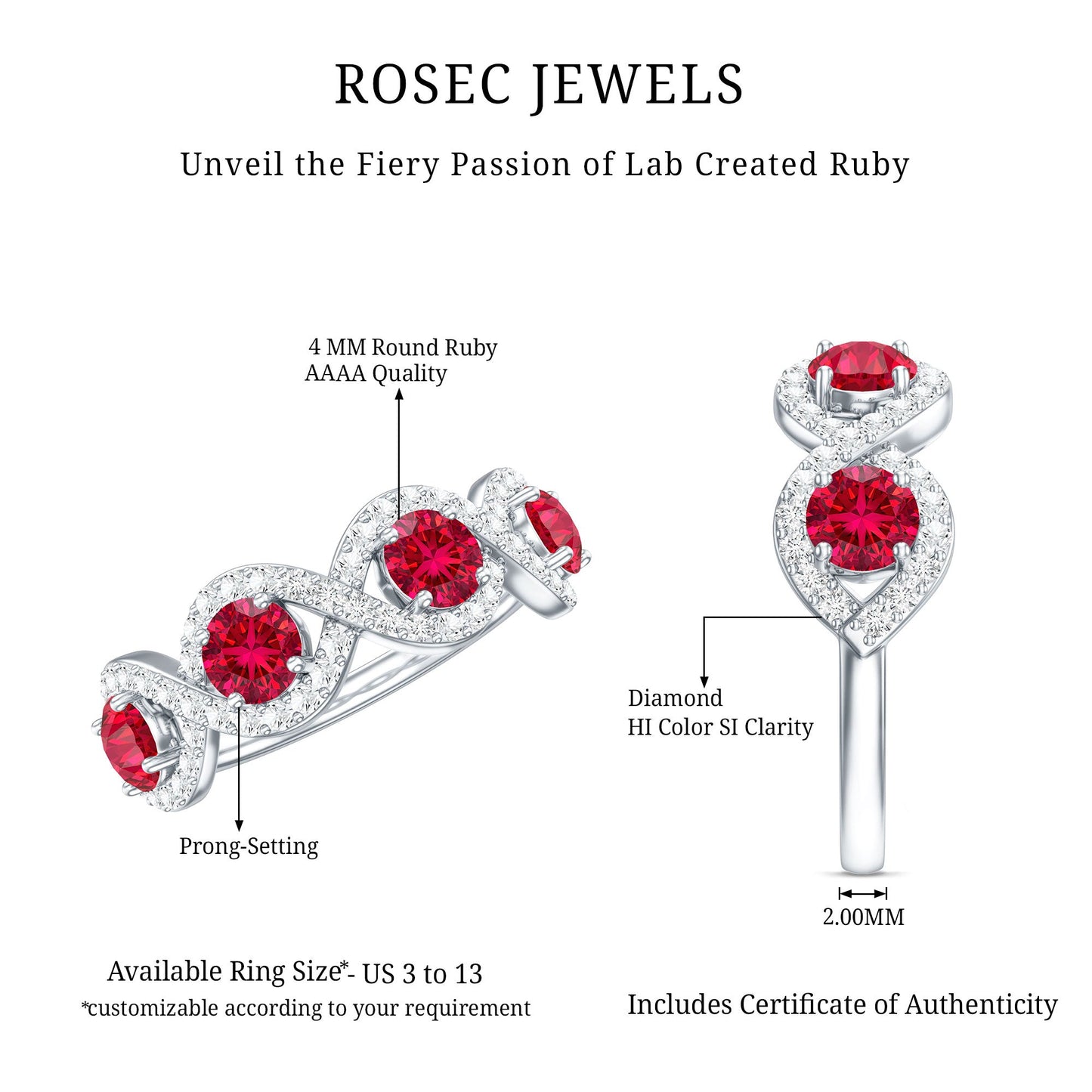 Certified Lab Created Ruby Half Eternity Infinity Ring with Diamond