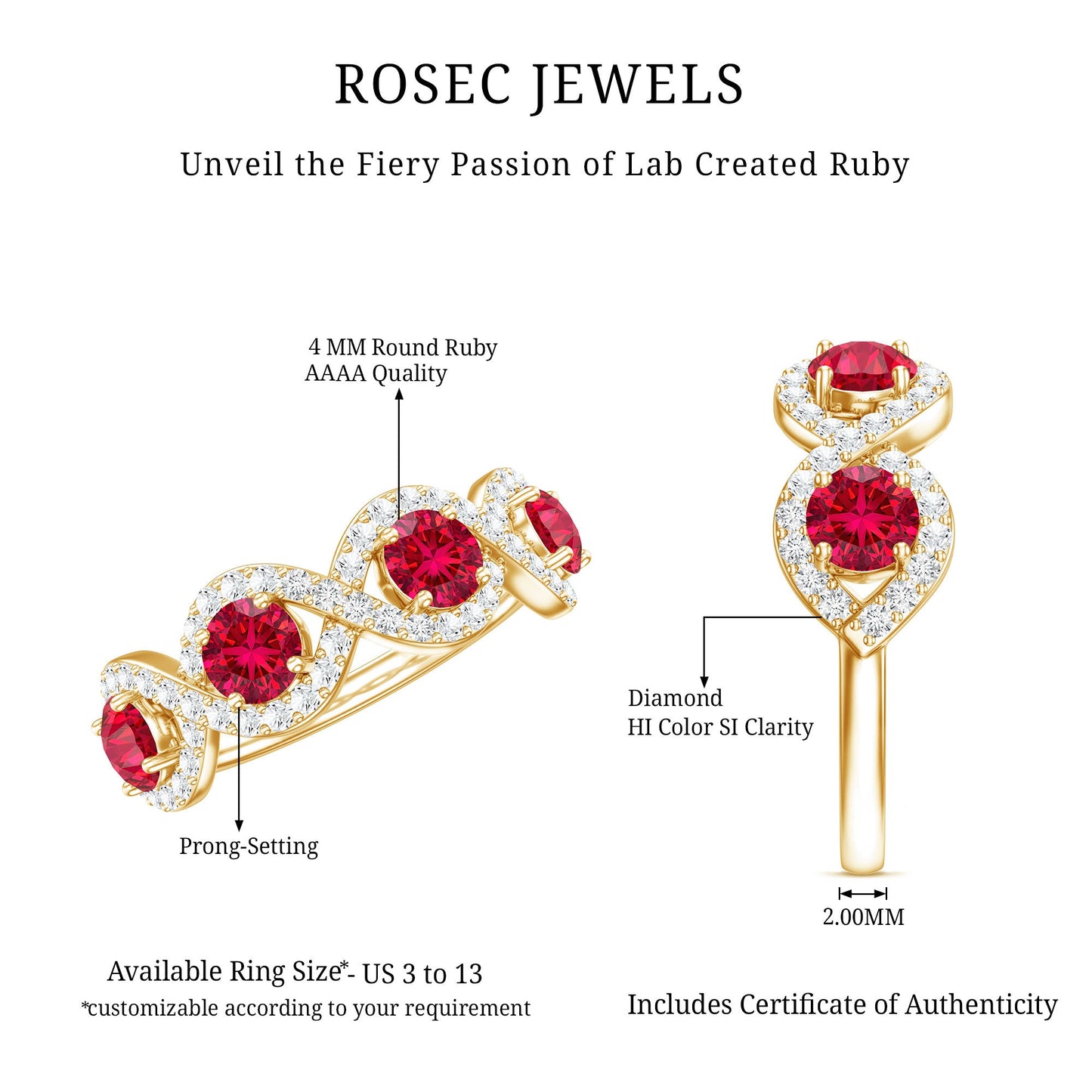 Certified Lab Created Ruby Half Eternity Infinity Ring with Diamond