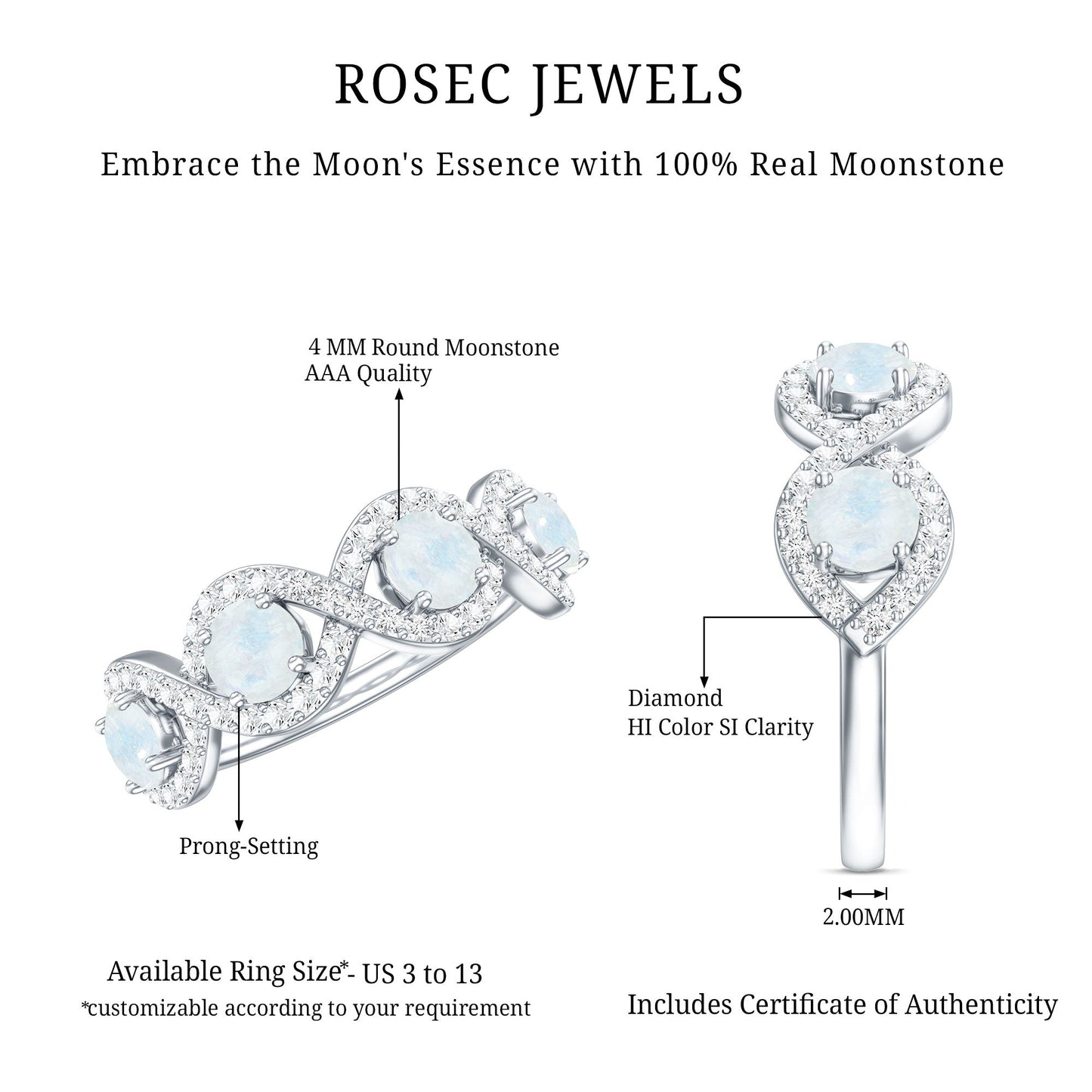 Genuine Moonstone Half Eternity Ring with Diamond