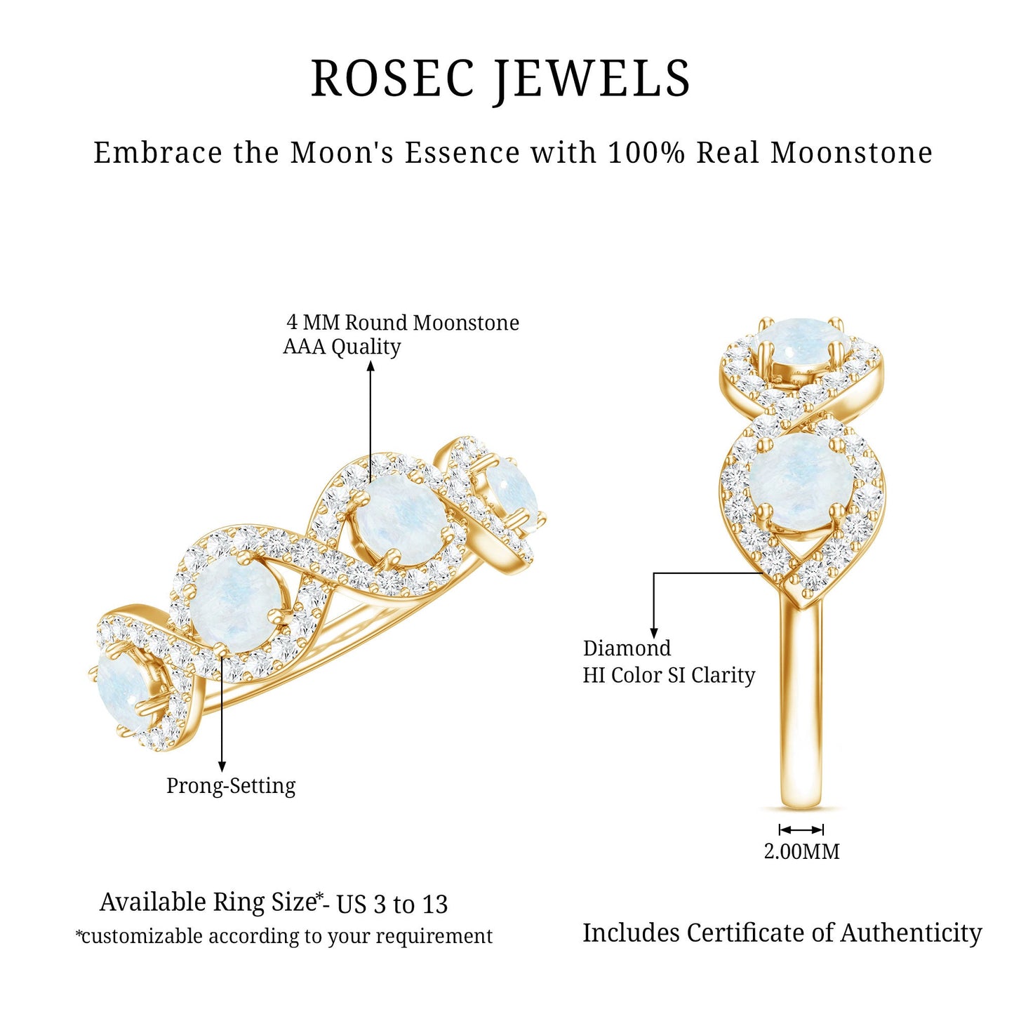 Genuine Moonstone Half Eternity Ring with Diamond