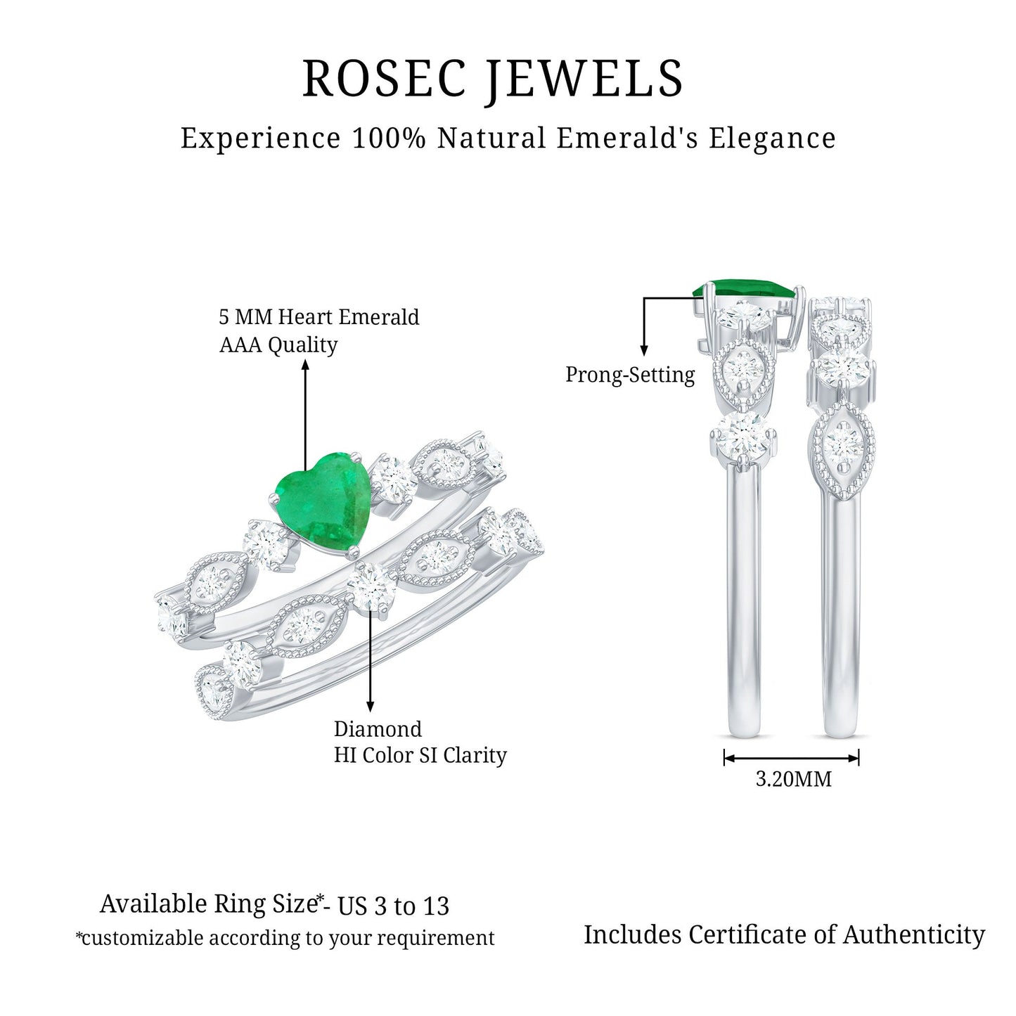 Natural Emerald Heart Shaped Engagement Ring and Diamond Wedding Band