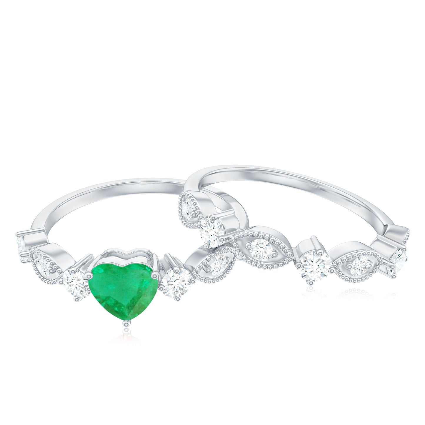 Natural Emerald Heart Shaped Engagement Ring and Diamond Wedding Band