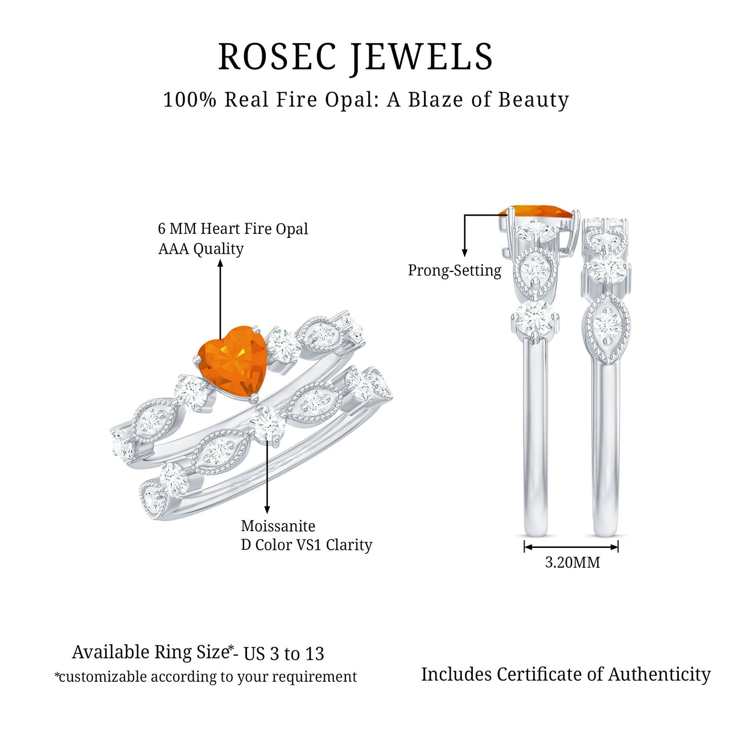 Vintage Inspired Fire Opal and Diamond Wedding Ring Set