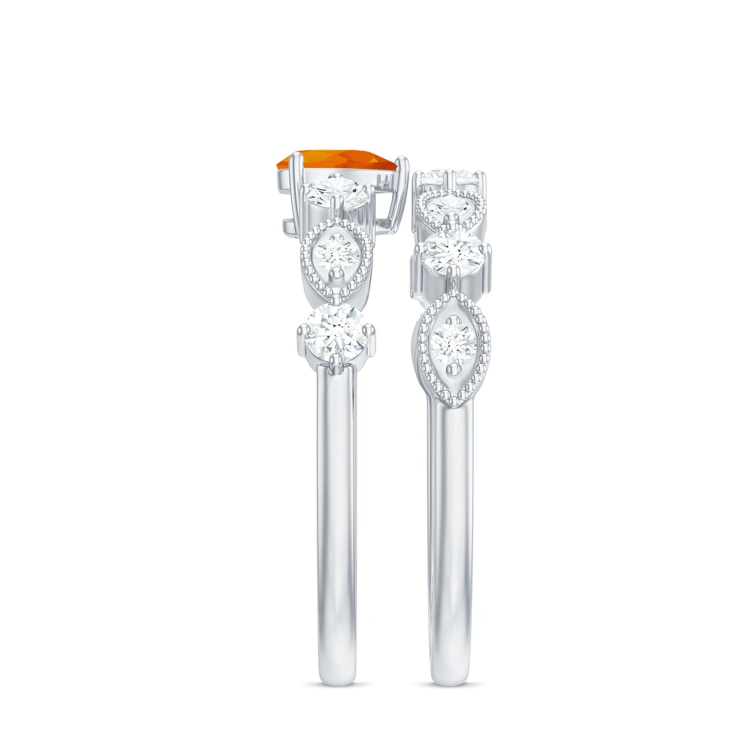 Vintage Inspired Fire Opal and Diamond Wedding Ring Set