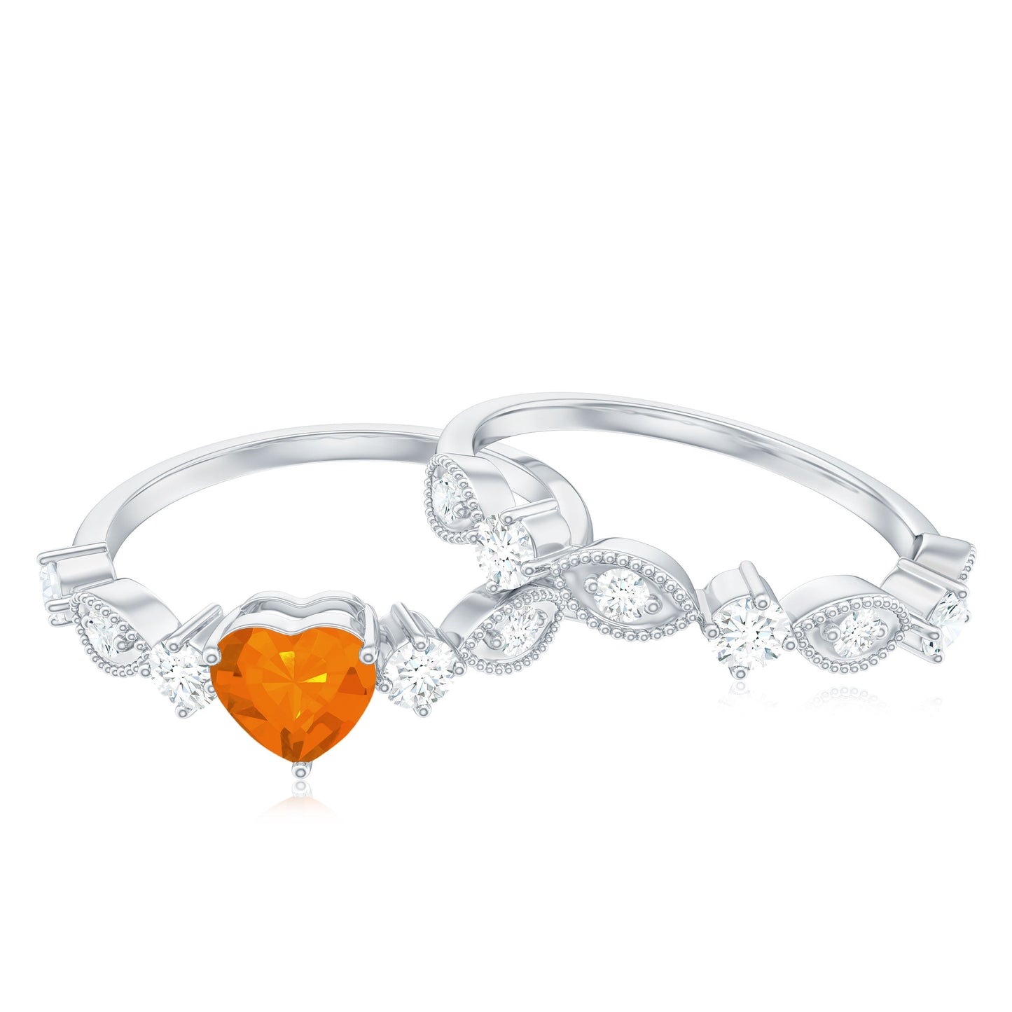 Vintage Inspired Fire Opal and Diamond Wedding Ring Set