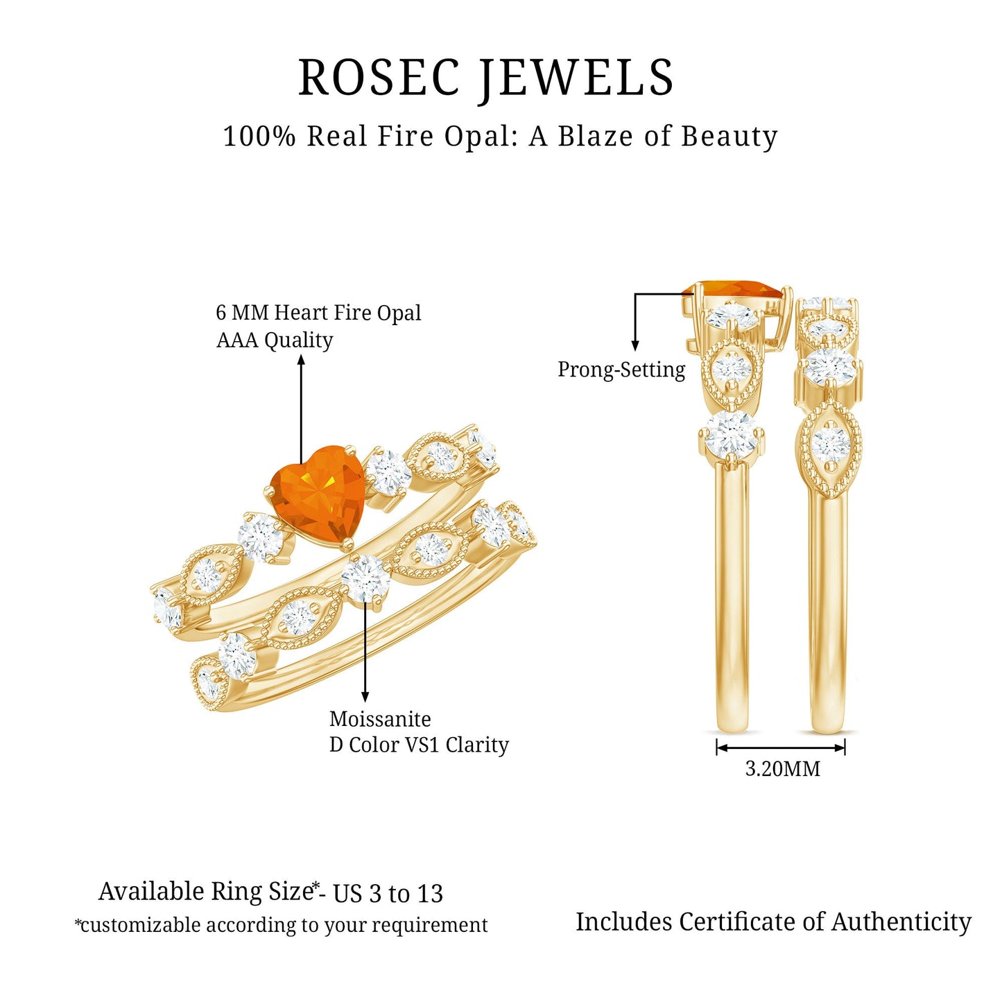 Vintage Inspired Fire Opal and Diamond Wedding Ring Set