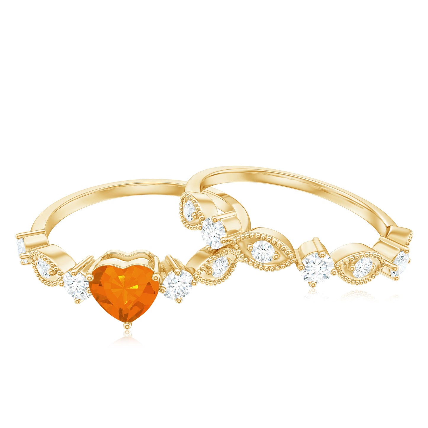 Vintage Inspired Fire Opal and Diamond Wedding Ring Set