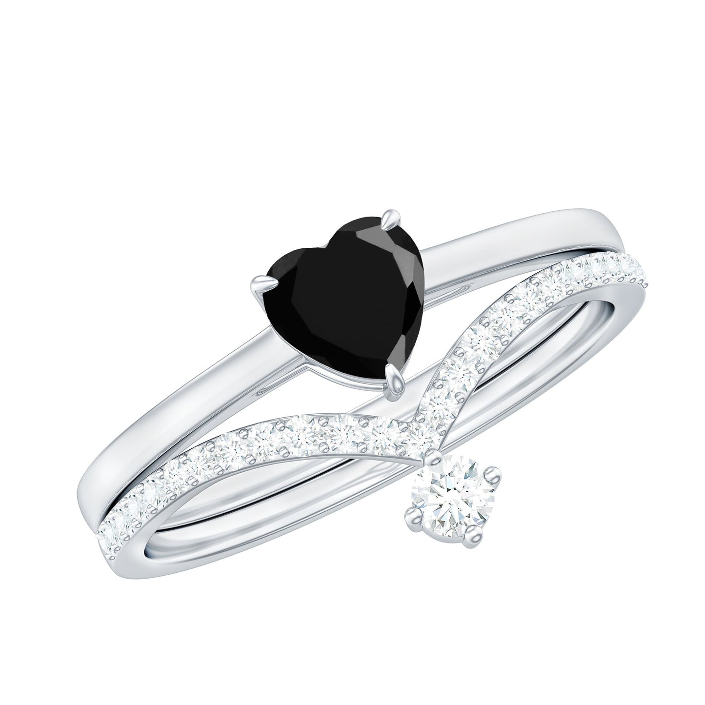 Heart Shape Created Black Diamond Solitaire Ring Set with Diamond