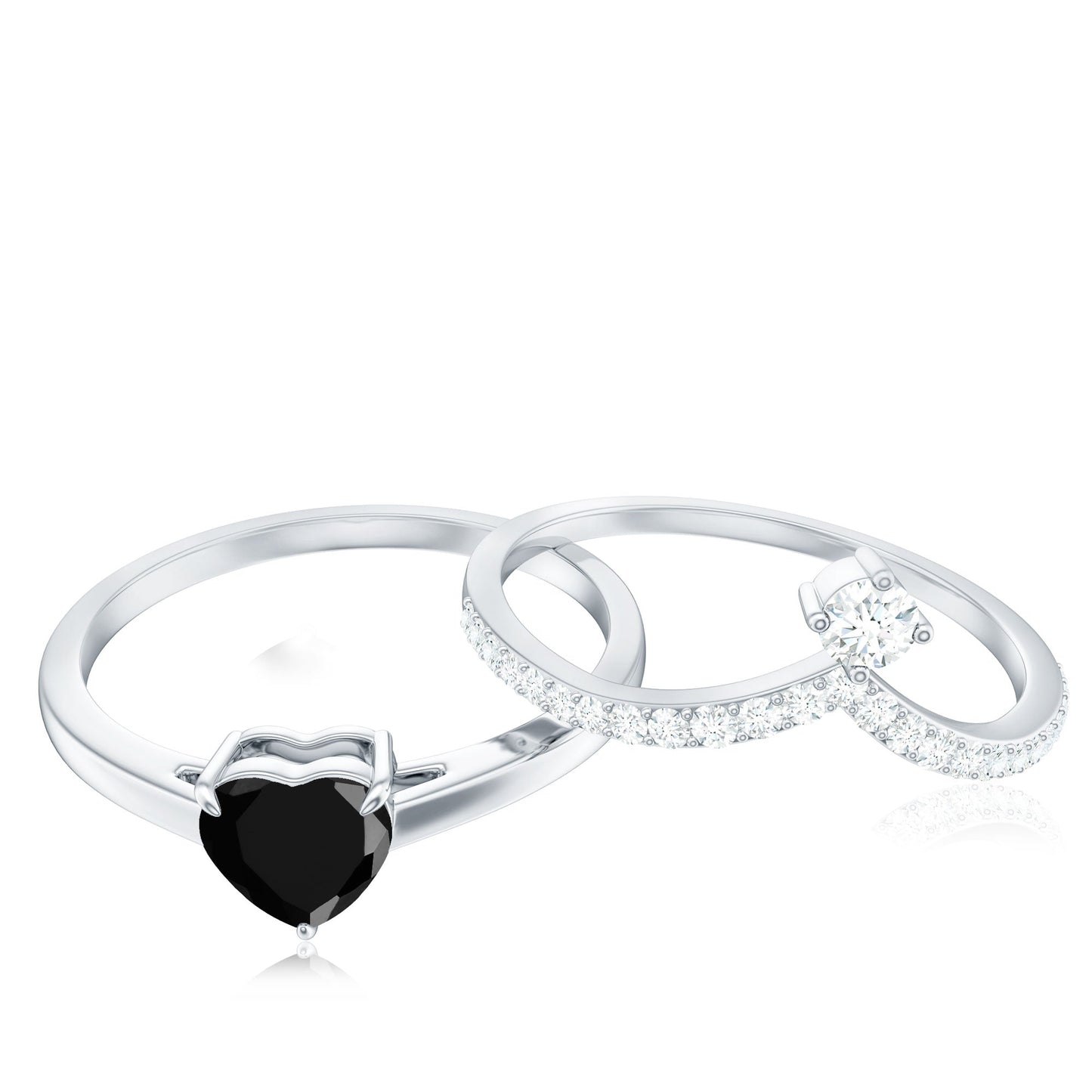Heart Shape Created Black Diamond Solitaire Ring Set with Diamond