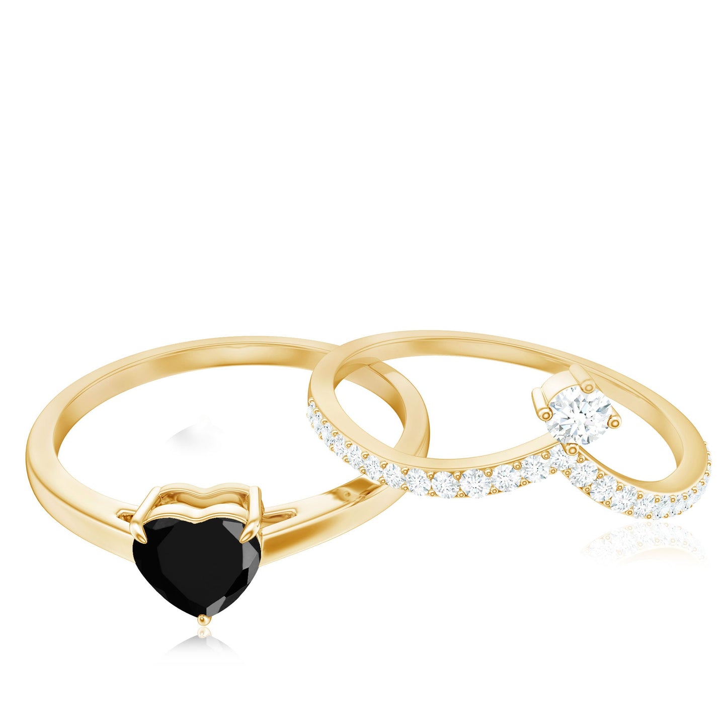 Heart Shape Created Black Diamond Solitaire Ring Set with Diamond