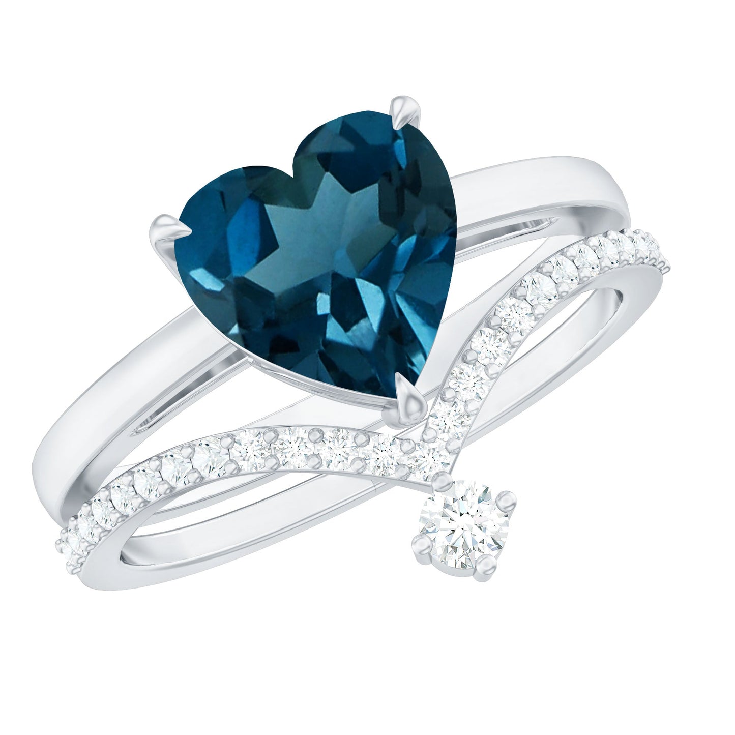 2 Carat Heart Shaped London Blue Topaz Solitaire Ring Set with Diamond Curved Band