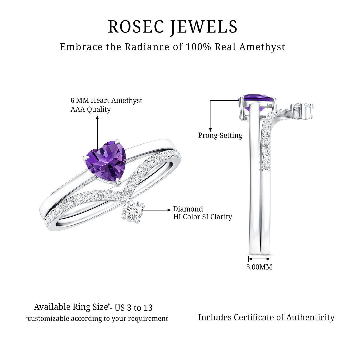 Certified Real Amethyst Heart Engagement Ring with Diamond Wedding Band