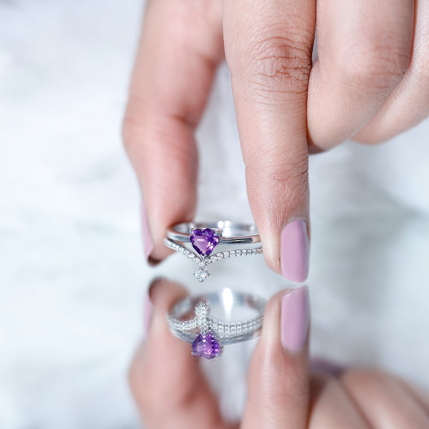 Certified Real Amethyst Heart Engagement Ring with Diamond Wedding Band