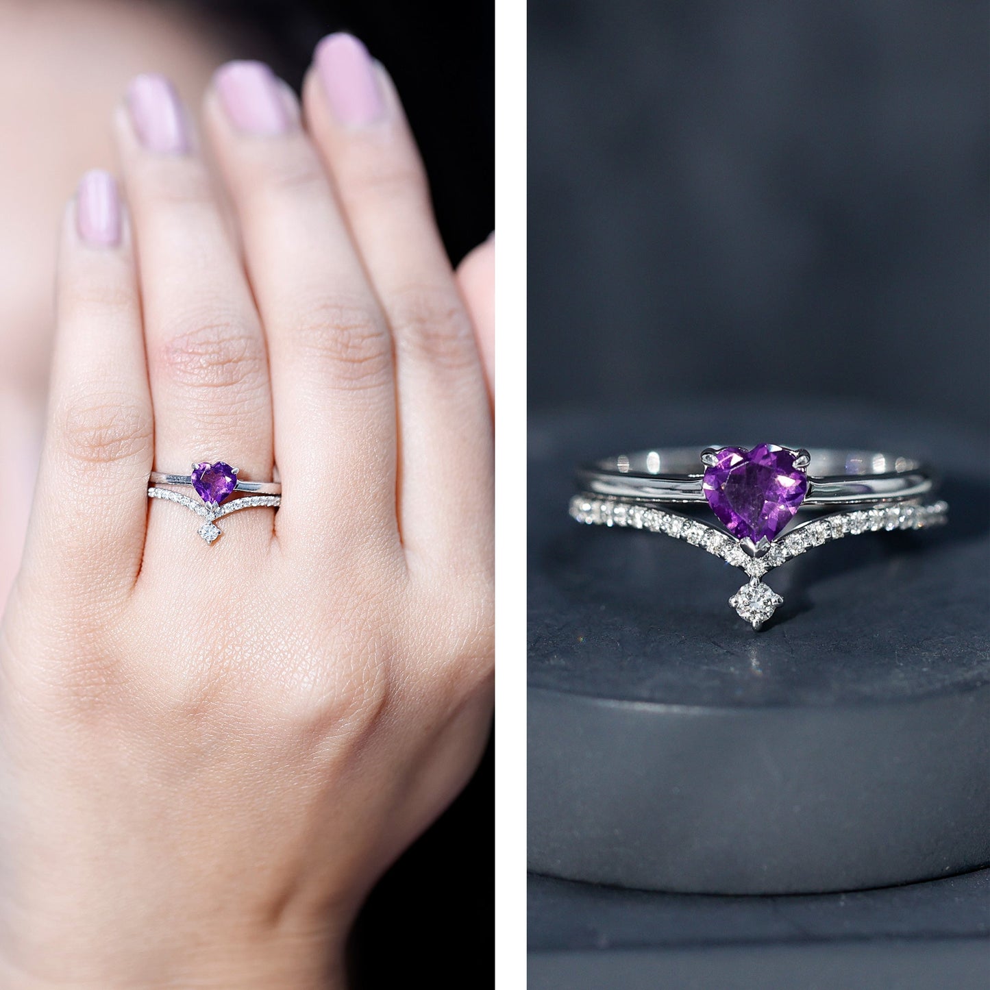 Certified Real Amethyst Heart Engagement Ring with Diamond Wedding Band