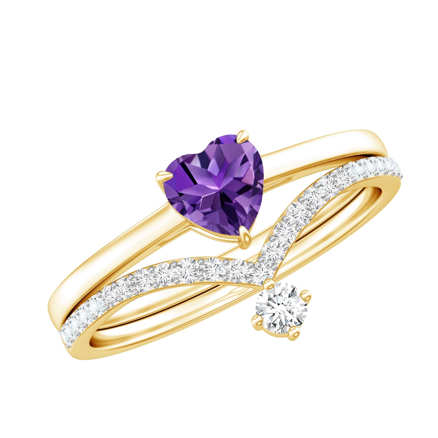 Certified Real Amethyst Heart Engagement Ring with Diamond Wedding Band