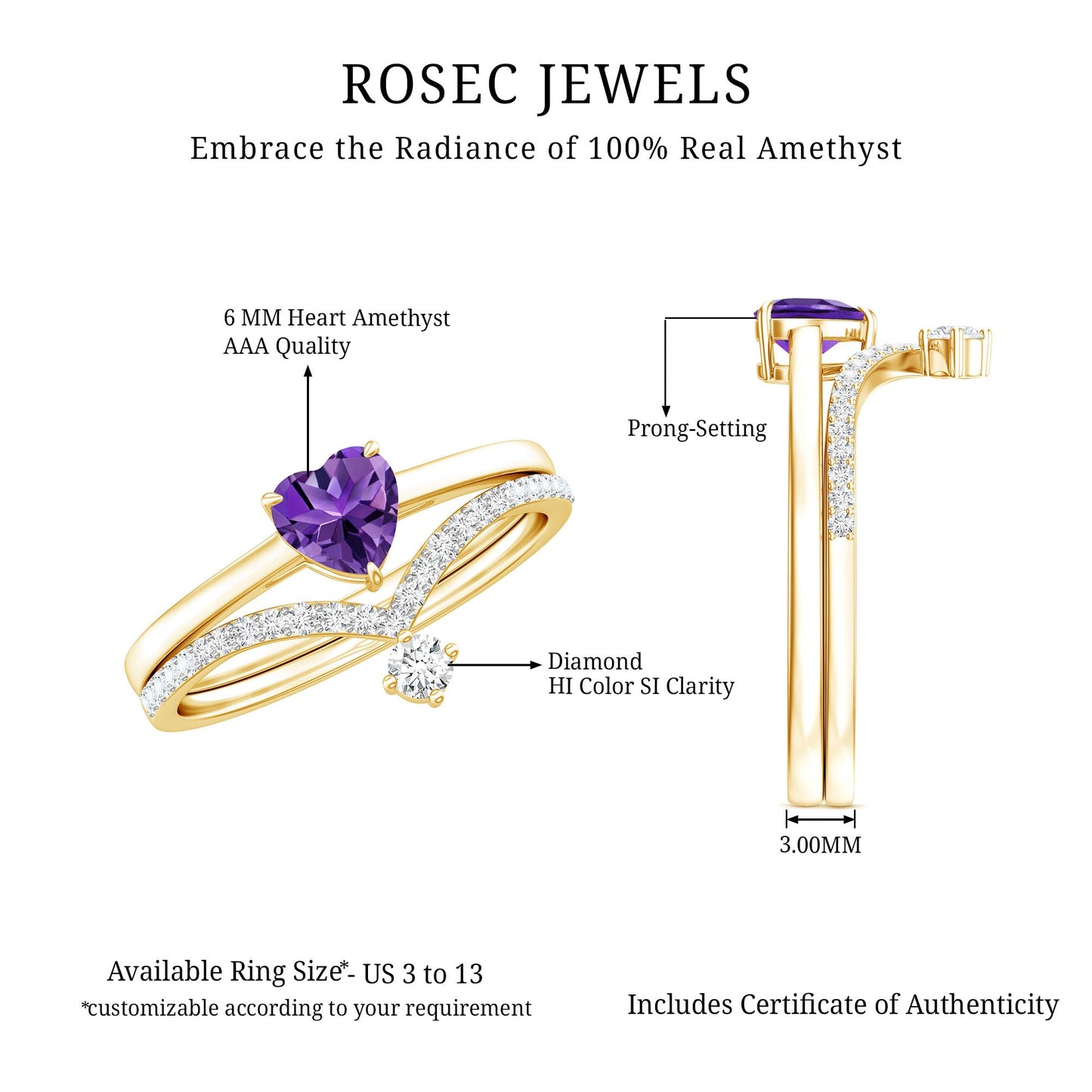 Certified Real Amethyst Heart Engagement Ring with Diamond Wedding Band