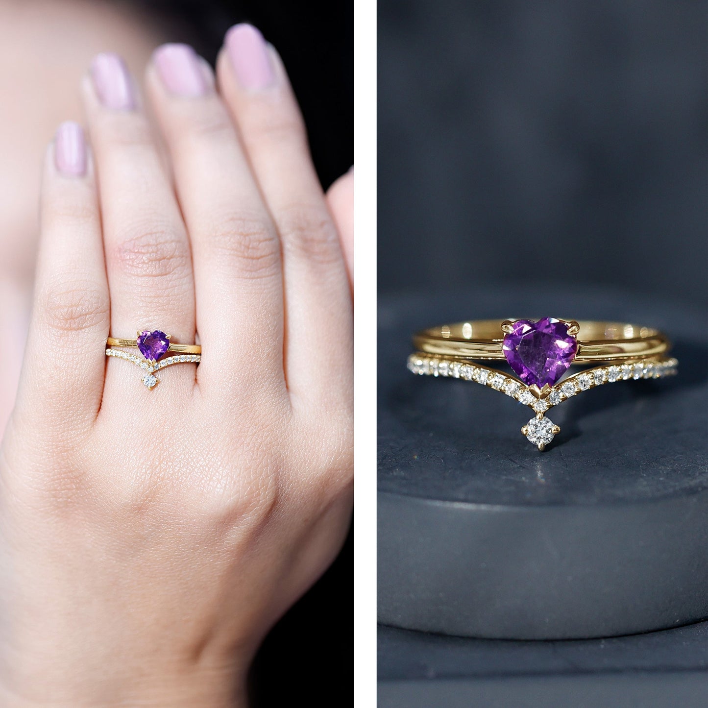 Certified Real Amethyst Heart Engagement Ring with Diamond Wedding Band