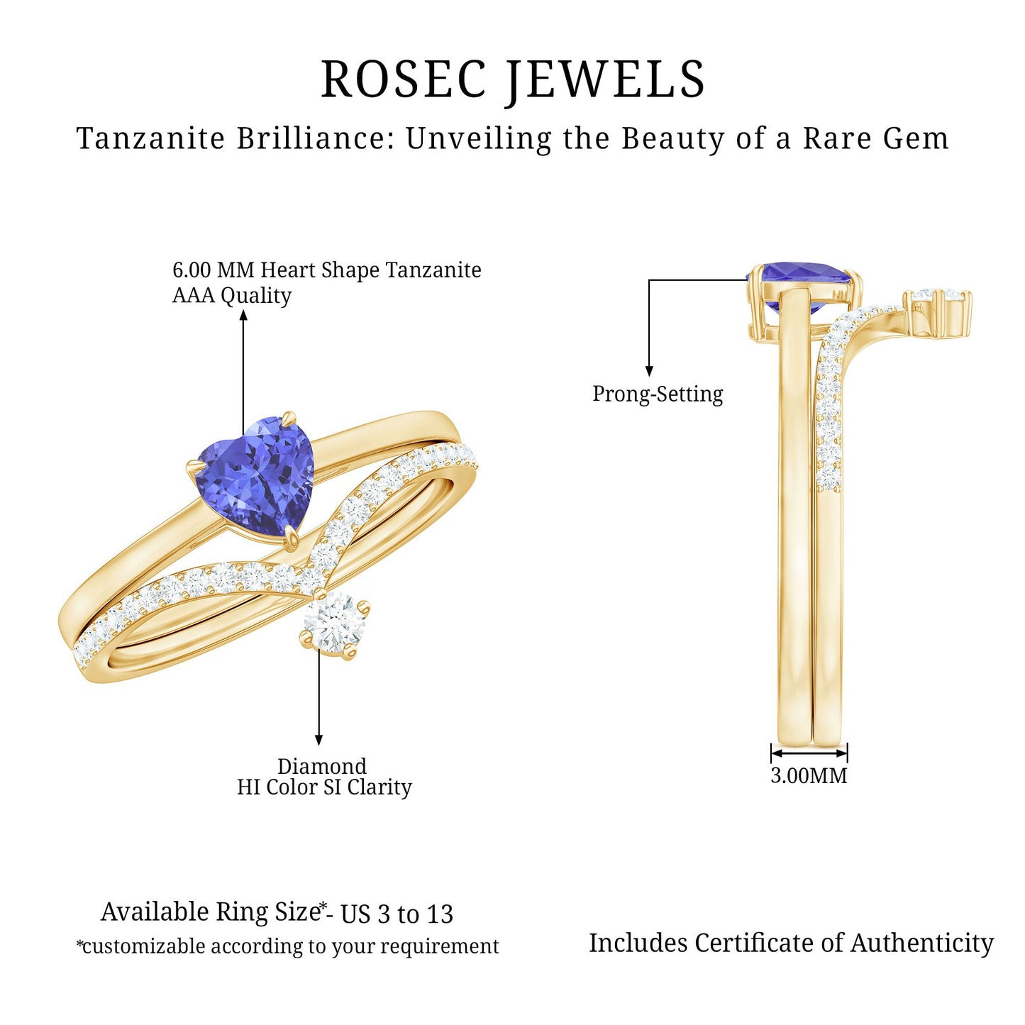 Natural Tanzanite Heart Engagement Ring with Chevron Diamond Enhancer