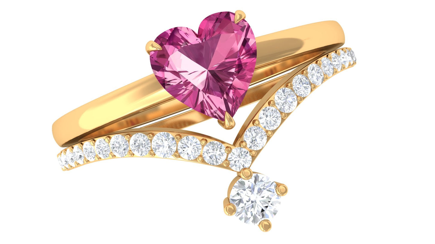 Heart Shape Pink Tourmaline Ring Set with Diamond