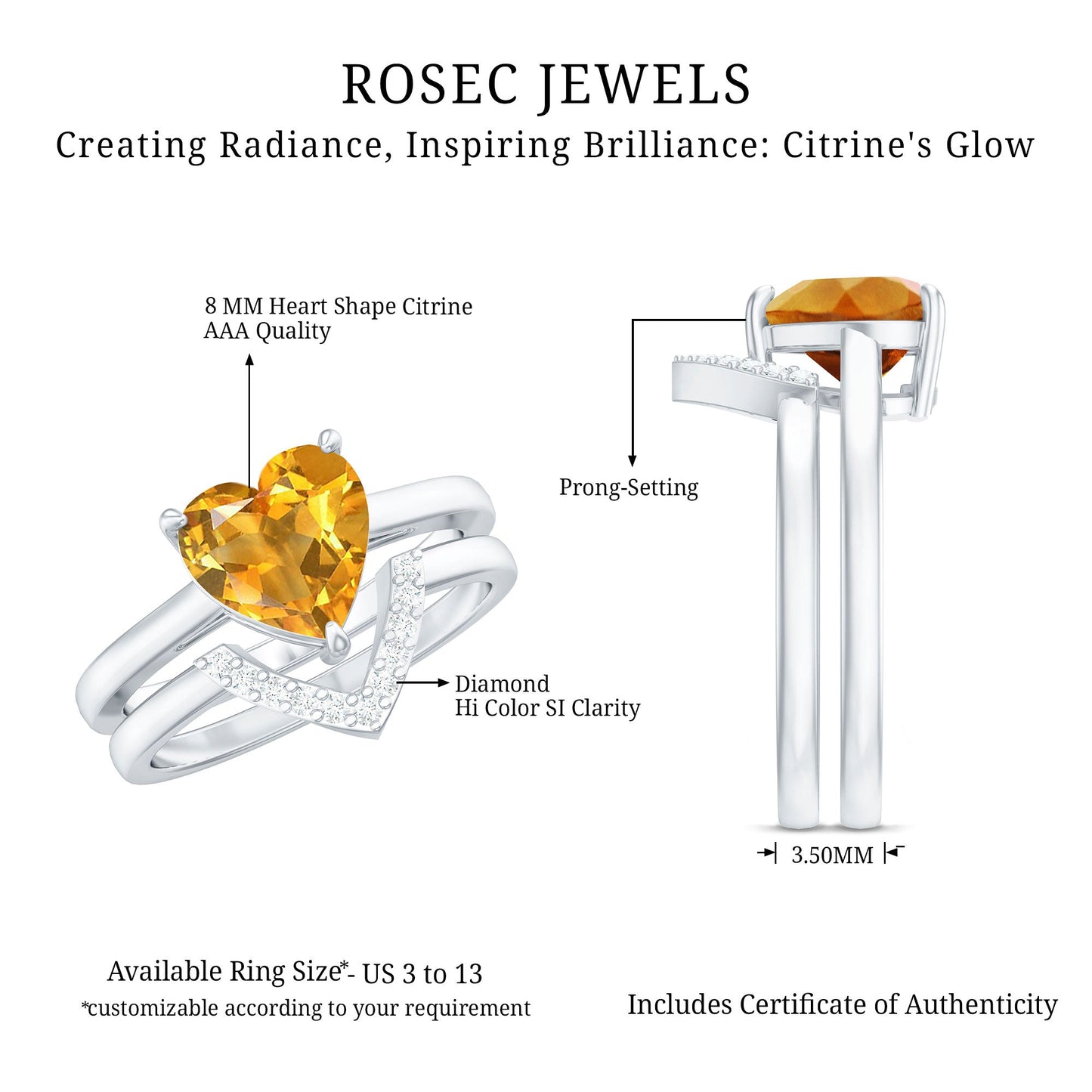 2 Carat Heart Shape Citrine and Diamond Bridal Ring Set