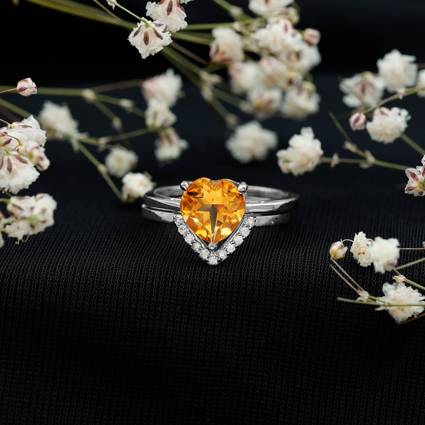 2 Carat Heart Shape Citrine and Diamond Bridal Ring Set
