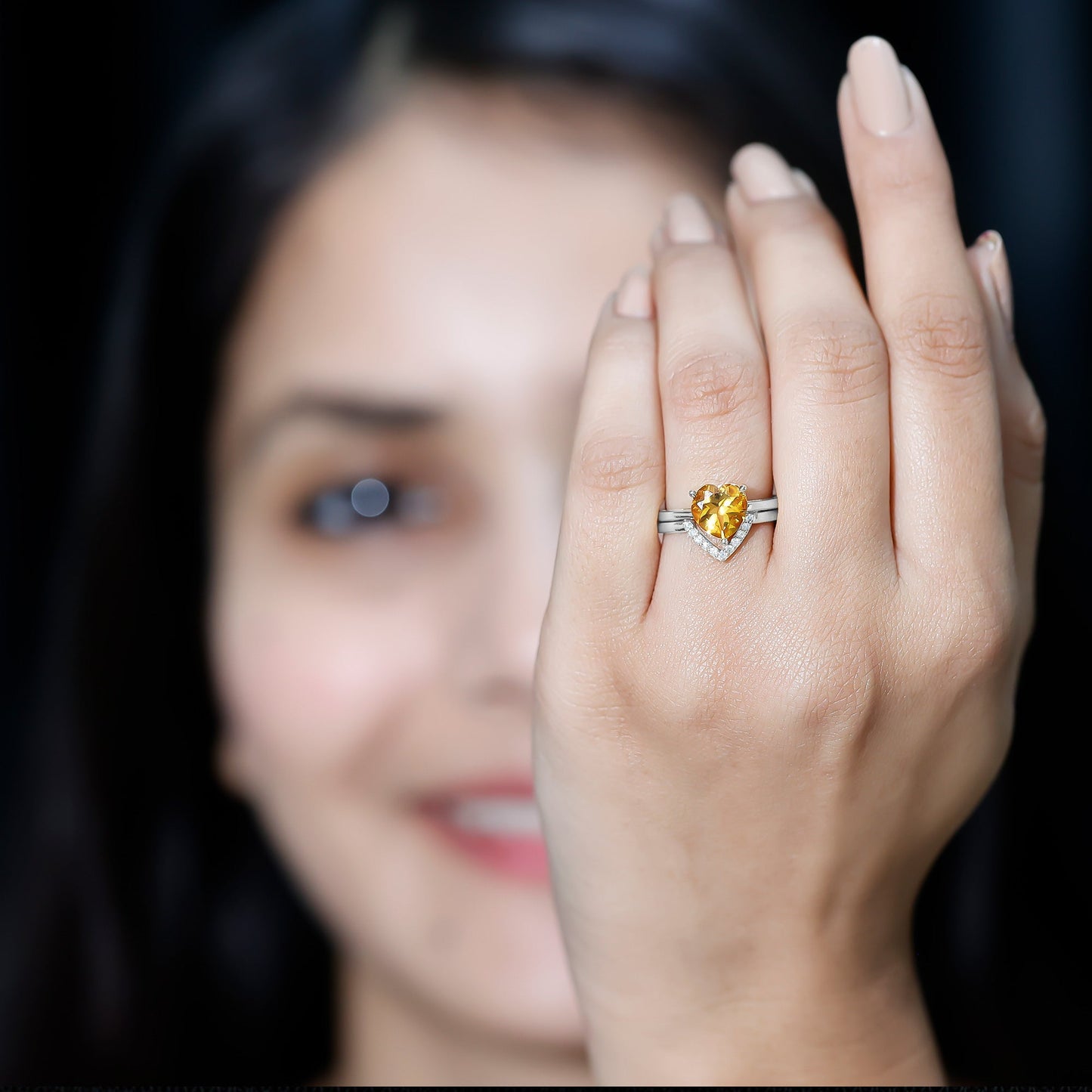 2 Carat Heart Shape Citrine and Diamond Bridal Ring Set