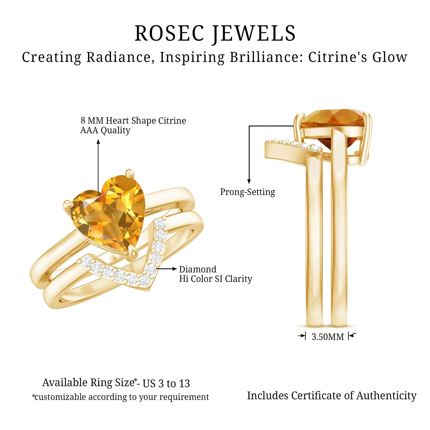2 Carat Heart Shape Citrine and Diamond Bridal Ring Set